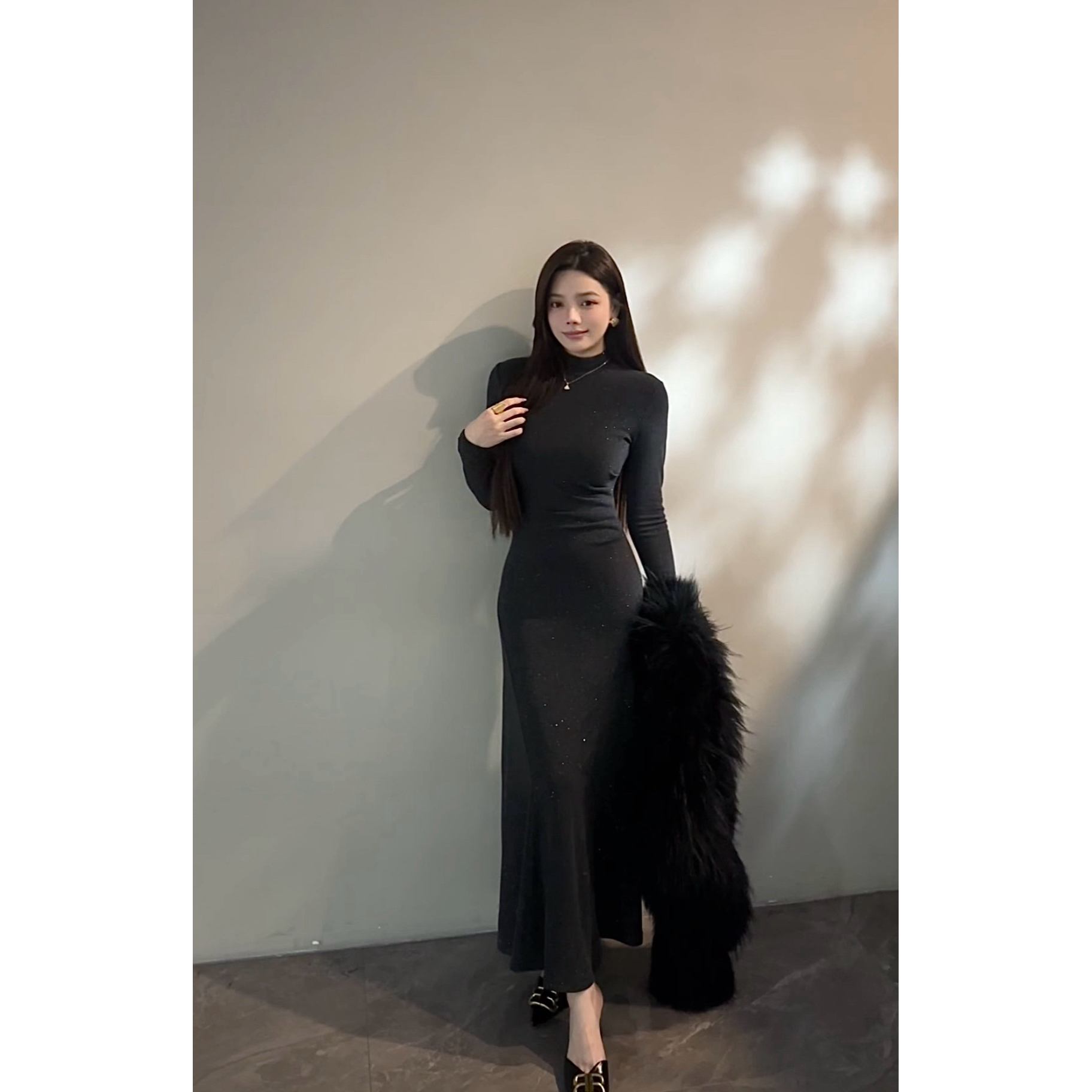 【苏苏】法式长裙细闪点缀设计感连衣裙秋冬时尚女装裙子DT1783