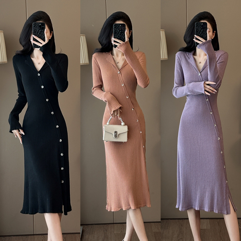 法式小香风针织裙喇叭袖气质女秋季新款显瘦小翻领针织连衣裙