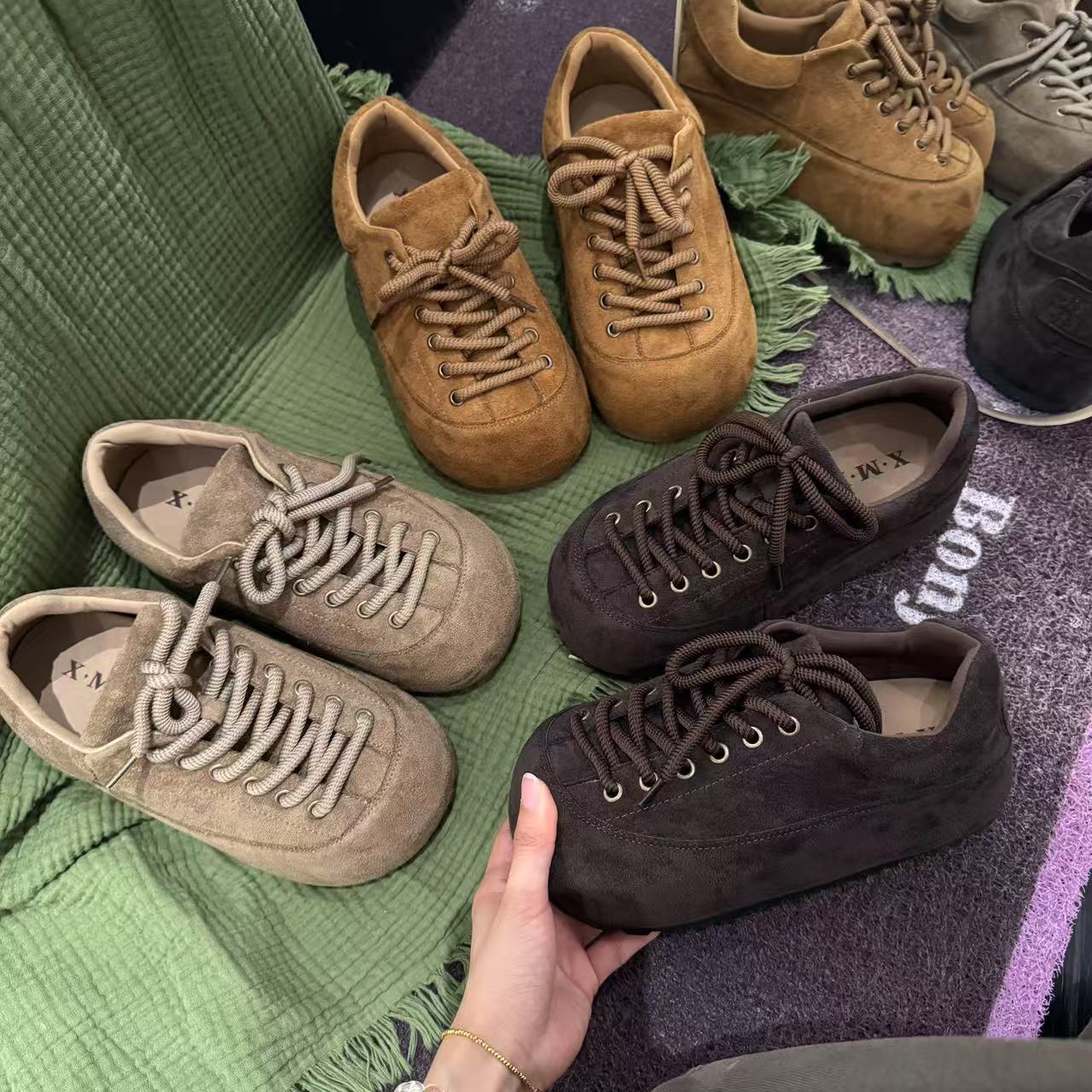 2025年秋新时尚厚底增高反绒拼色系带小个子厚底增高外穿女休闲鞋