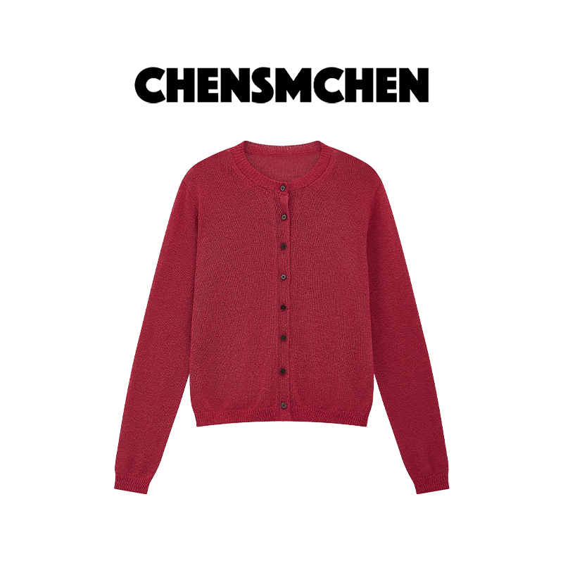 CHENSMCHEN 和纸纱圆领长袖针织衫女经典百搭显瘦开衫CSZ6124MX