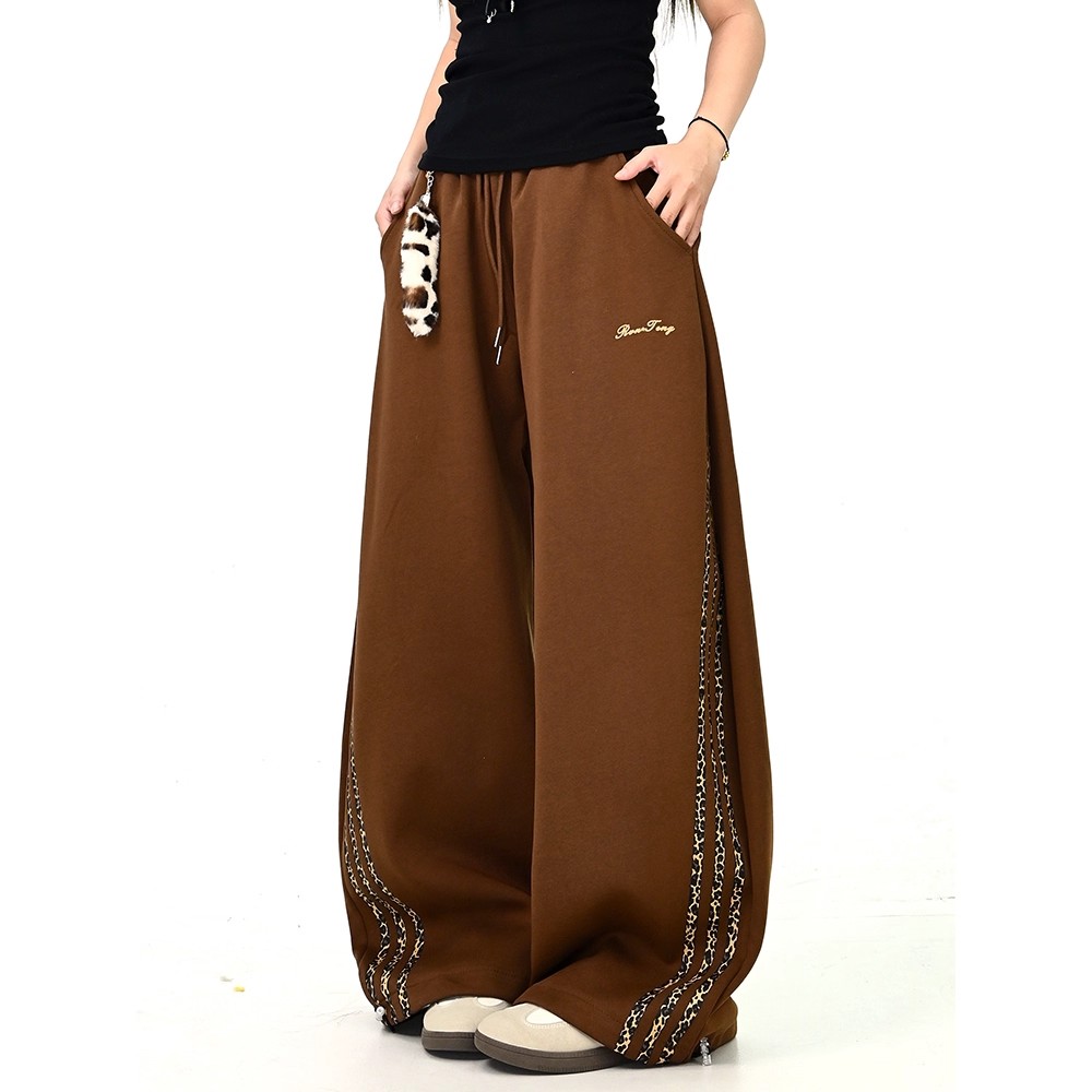 美式复古豹纹挂件条纹休闲卫裤女垂感阔腿裤秋冬新款爵士舞运动裤