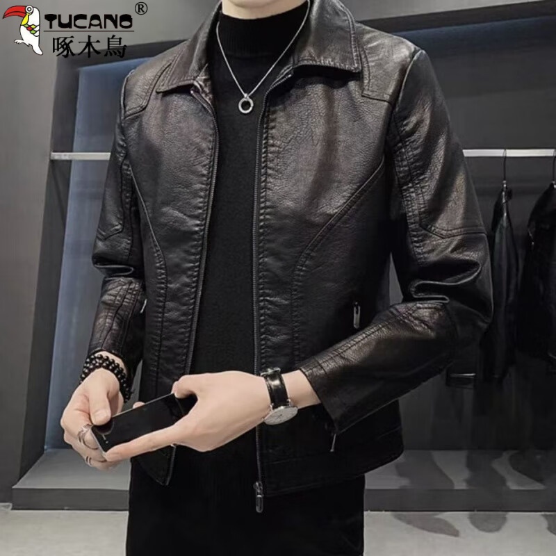 啄木鸟新款海宁皮衣男士秋冬复古机车皮夹克休闲大码加绒外套潮牌