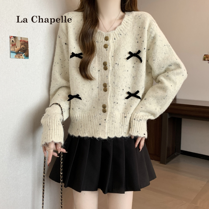 拉夏贝尔大码高级感蝴蝶结针织开衫女微胖mm收腰显瘦秋冬毛衣外套