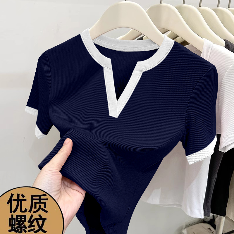 夏季时尚独特漂亮上衣女装休闲款V领短袖T恤优质螺纹撞色修身显瘦