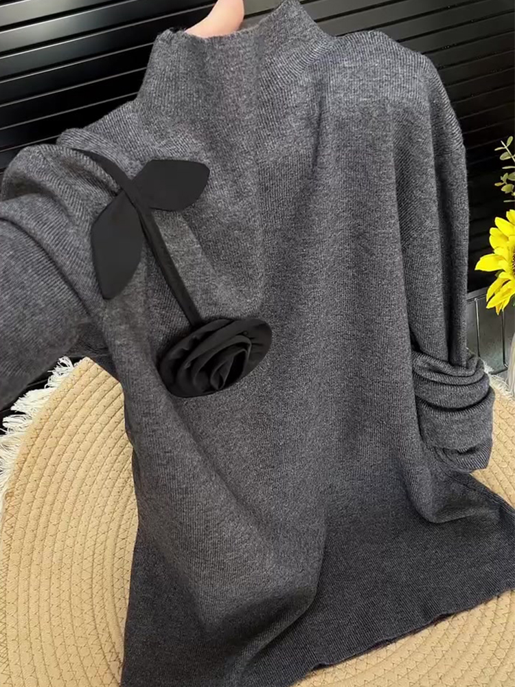纯欲风立体花朵针织衫女秋冬季时尚别致上衣设计感半高领保暖打底