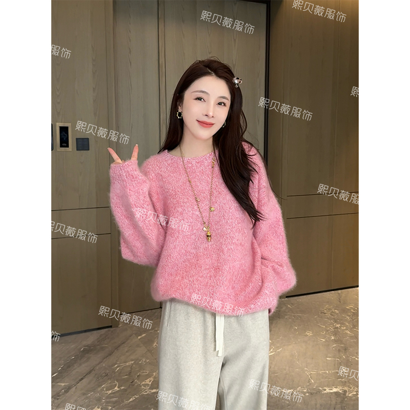 熙贝薇5【暖绒】羊绒花纱拉毛宽松慵懒风秋冬慵懒风套头毛衣 G5382