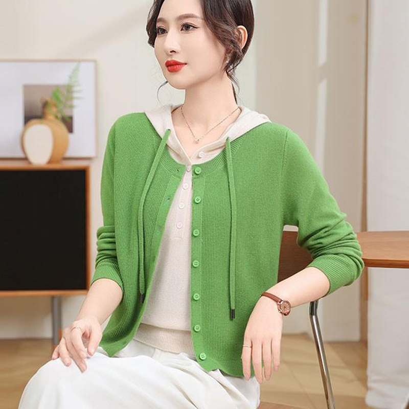 春秋新款假两件针织衫连帽开衫女长袖上衣遮肉宽松百搭毛衣外套