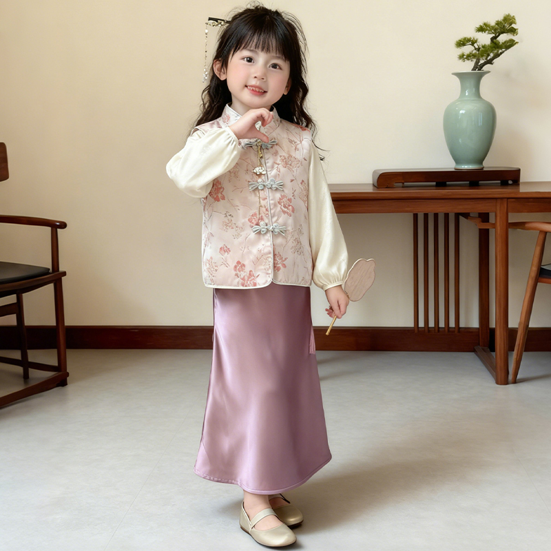 元旦汉服女童旗袍儿童开学新中式国风套装秋装宝宝粉色马甲半身裙