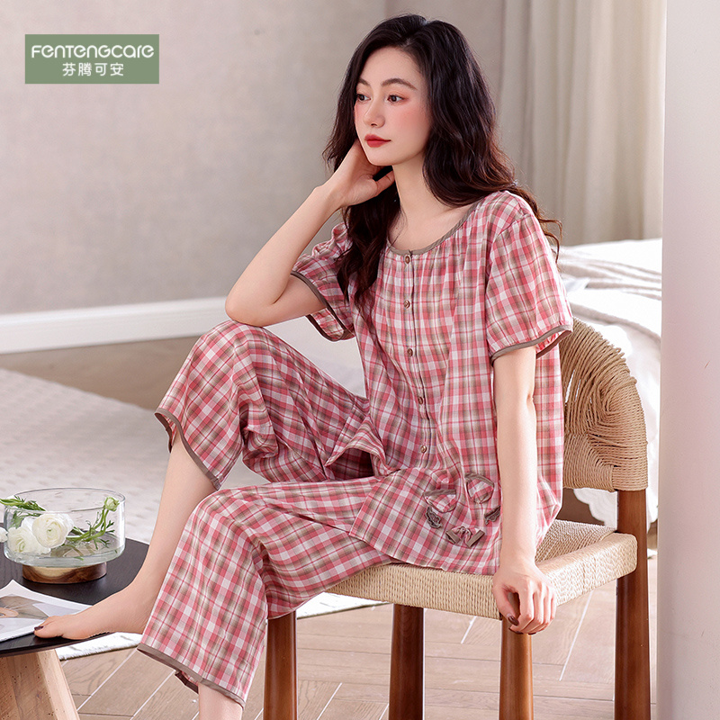芬腾可安梭织棉纱布睡衣女夏季纯棉短袖中年妈妈薄款夏开衫家居服