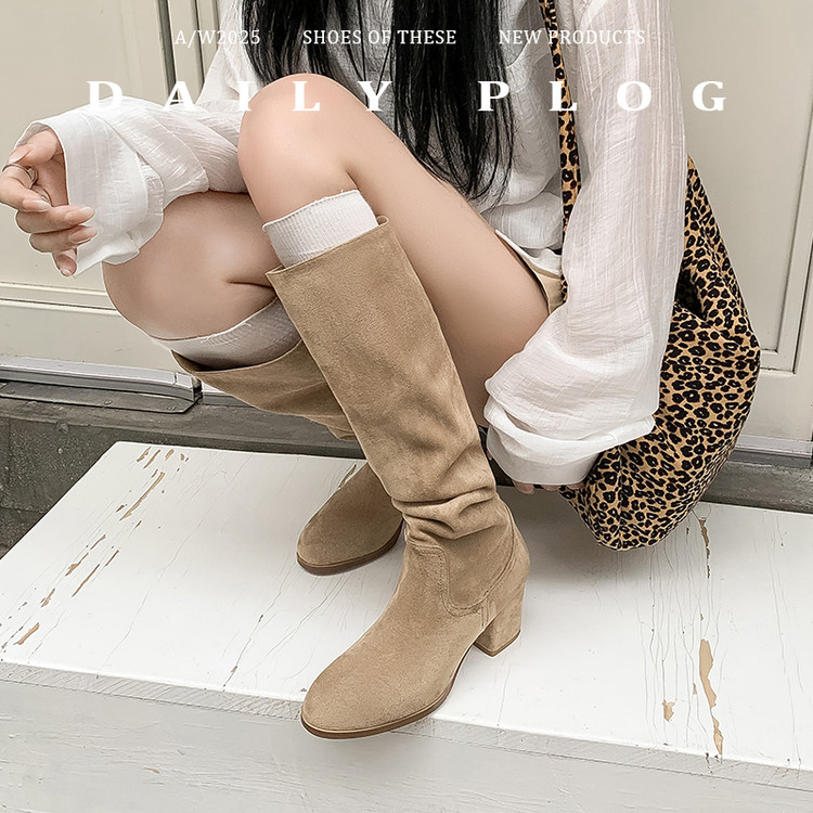 2025秋冬新款堆堆显瘦长筒骑士靴子西部牛仔复古过膝长靴女鞋