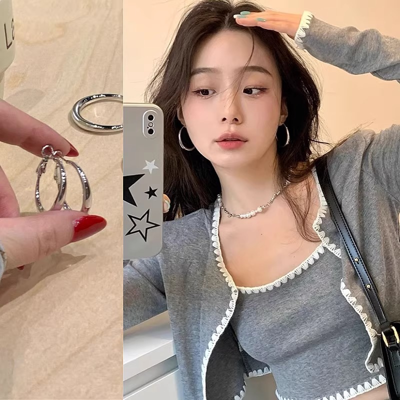 铜合金耳饰 【玫瑰同款】春夏上新银色金属气质清冷淡风圆脸必备