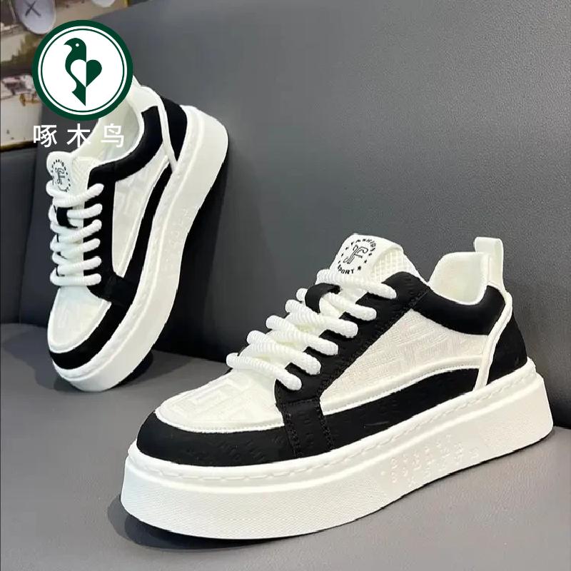 【啄木鸟】小白鞋男鞋夏季网面透气百搭男款运动增高板鞋休闲厚底