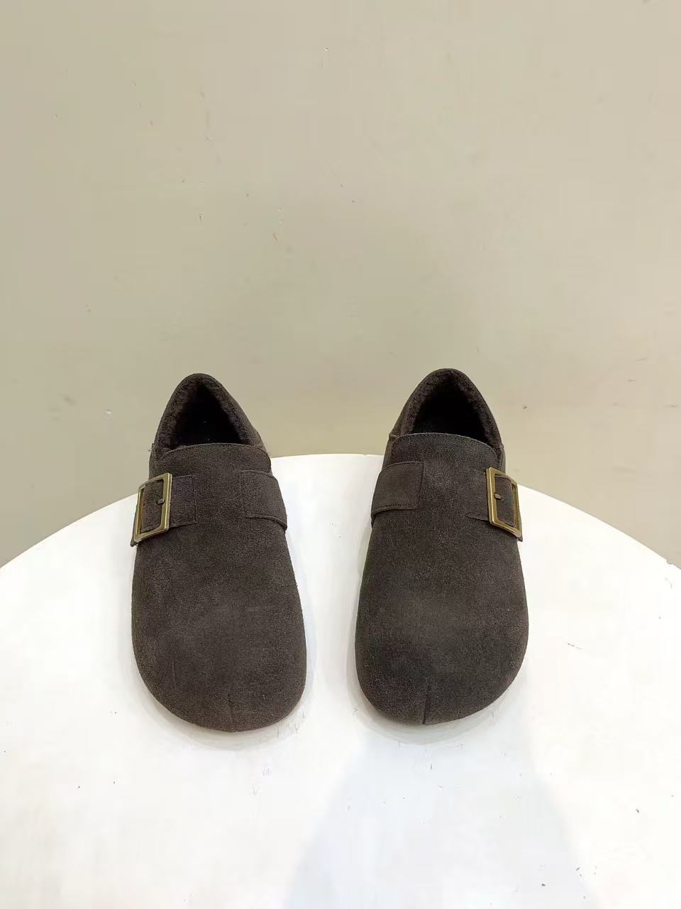 【摩姐姐欧韩】887冬款磨砂皮羊羔绒一脚蹬真皮勃肯鞋