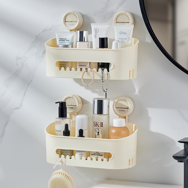 奶油吸盘挂钩置物架家用多功能浴室免打孔挂杆收纳橱柜门内侧收纳