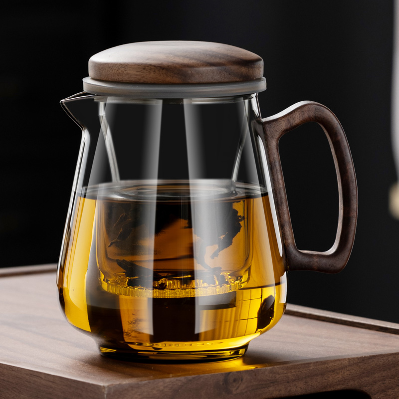 加厚高硼硅玻璃泡高档木把茶壶茶水分离玻璃泡茶杯功夫茶具花茶壶