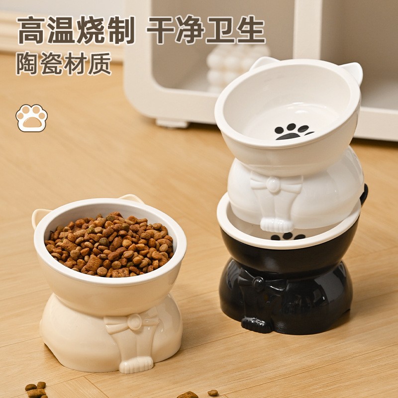 猫碗可爱陶瓷猫咪喝水吃饭碗猫食盆保护颈椎猫粮碗斜口高脚宠物碗