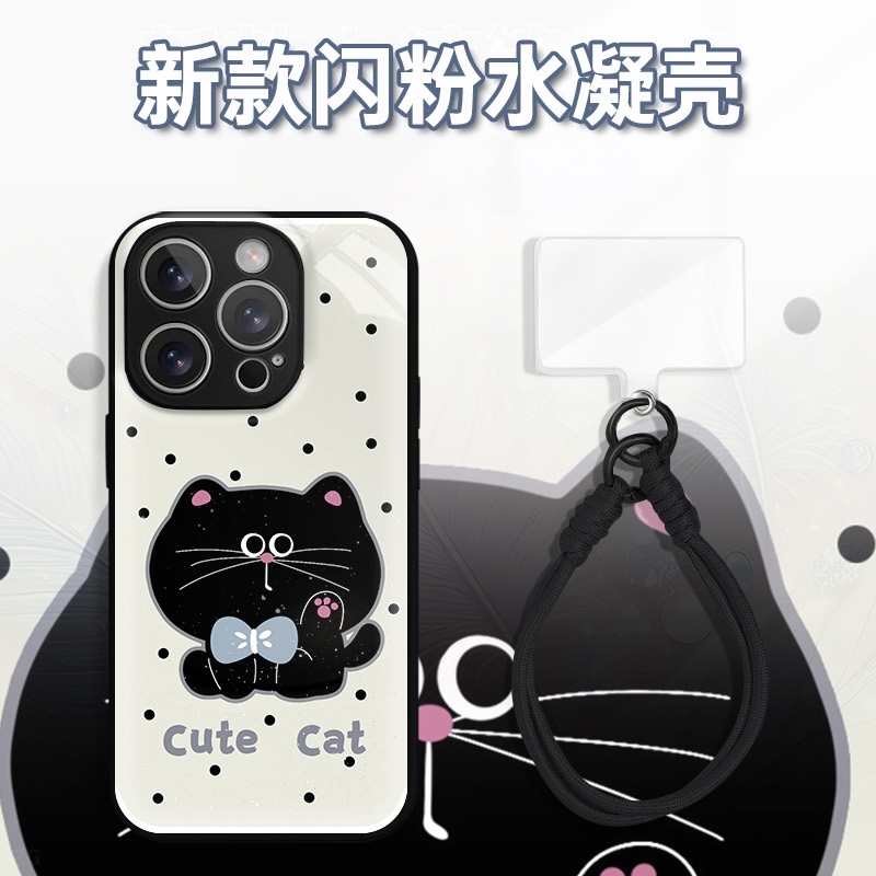 波点大脸黑猫水凝玻璃壳适用于iPhoneiPhone苹果16手机壳华为oppo