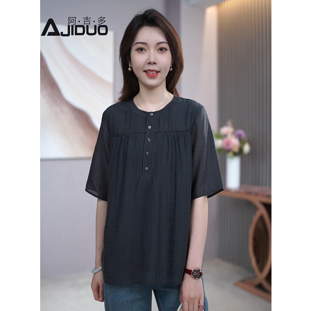 气质优雅圆领衬衣女拼接上衣2025夏新款百搭洋气减龄宽松短袖衬衫