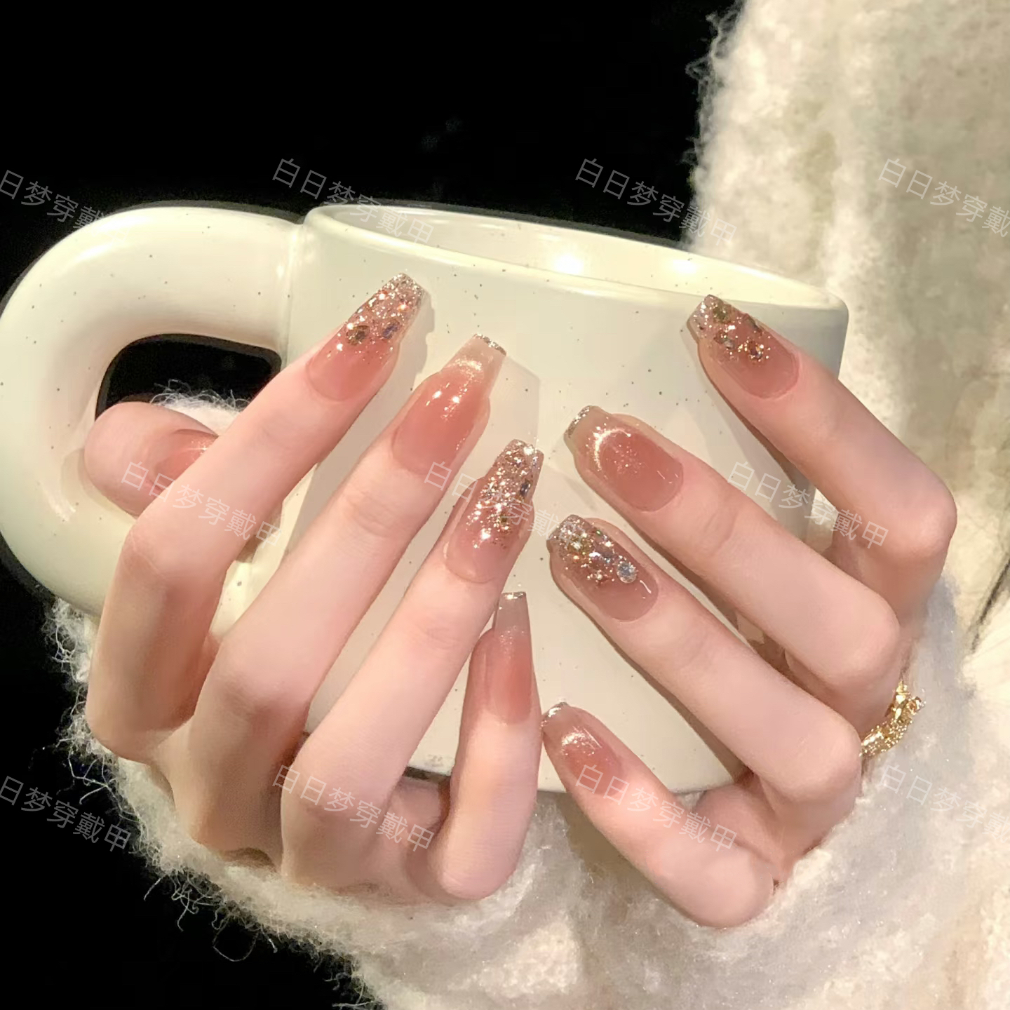 【塞纳黄昏】新款手工高端穿戴甲显白香槟色猫眼四季流行气质可拆