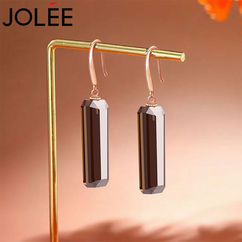 Jolee耳钉女S925银茶水晶轻奢时尚烟晶彩宝耳坠饰品送女士礼物