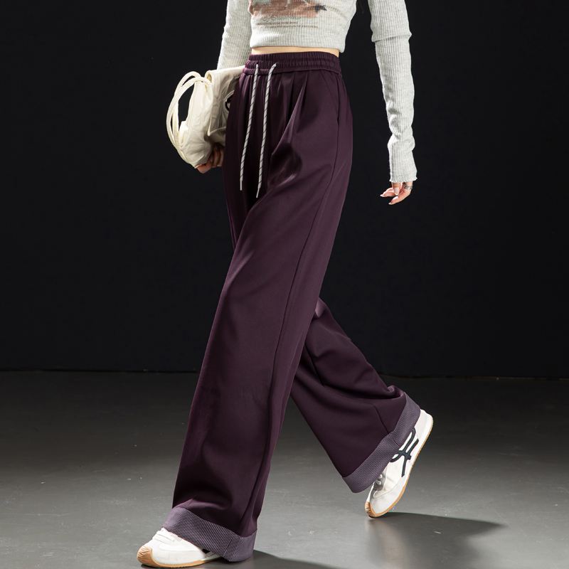 日系条纹翻边阔腿裤女2025新款秋季水洗棉紫色通勤休闲裤女直筒裤