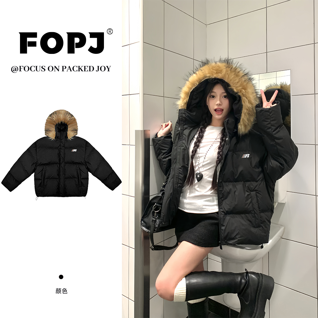 FOPJ冬季复古加厚保暖大毛领棉服女款小个子休闲百搭宽松连帽外套