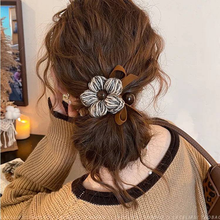 毛线花朵蝴蝶结发圈女高级感慵懒风扎丸子头发绳复古头绳秋冬发饰
