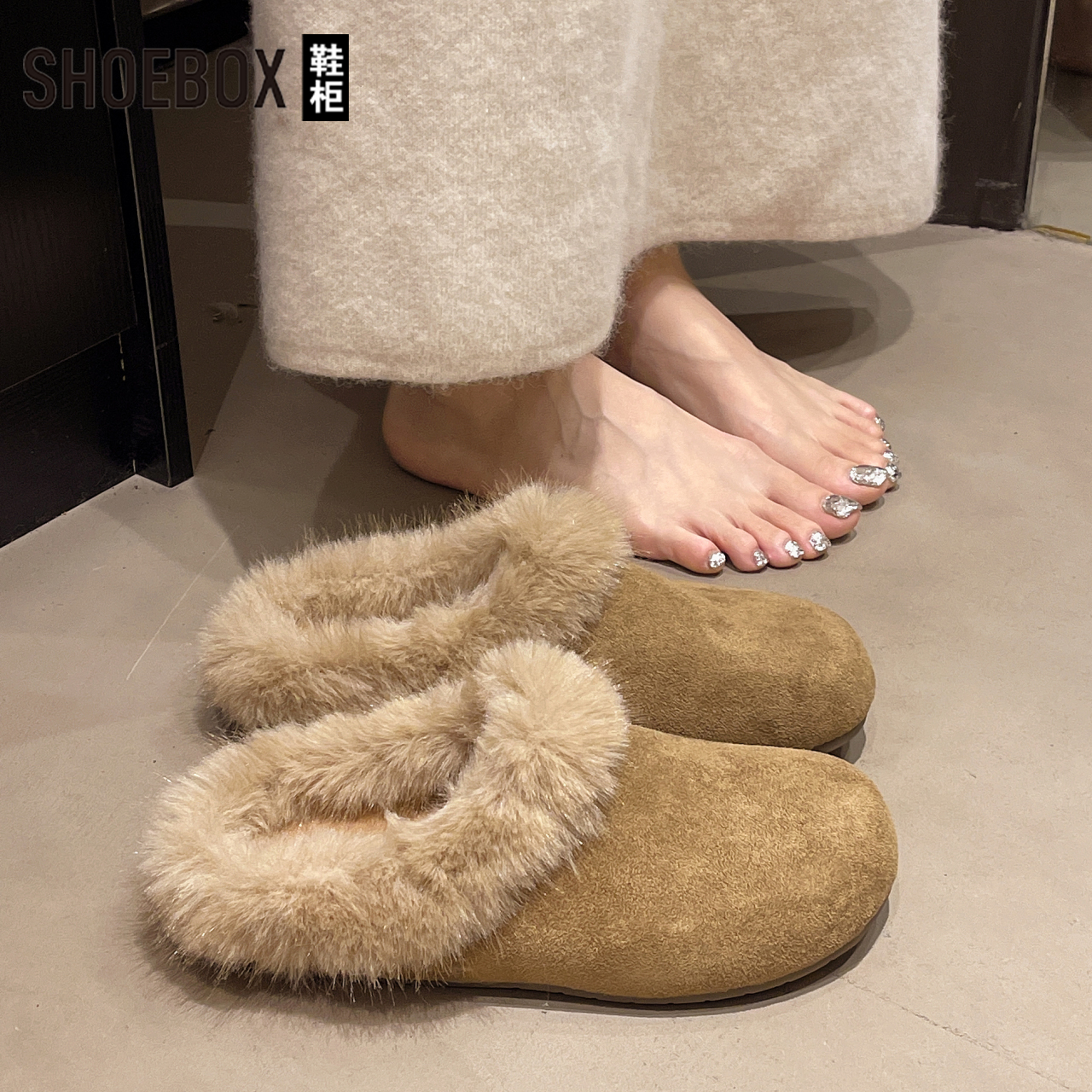 达芙妮旗下鞋柜毛毛勃肯半拖女外穿2025秋冬季一脚蹬懒人包头棉拖