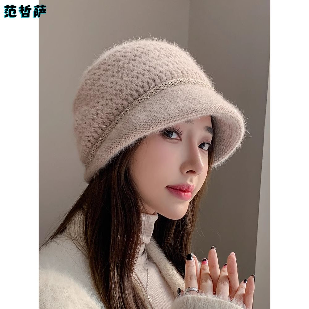 法式气质短檐贝雷帽子女秋冬季双层毛线帽保暖护耳百搭青年包头帽