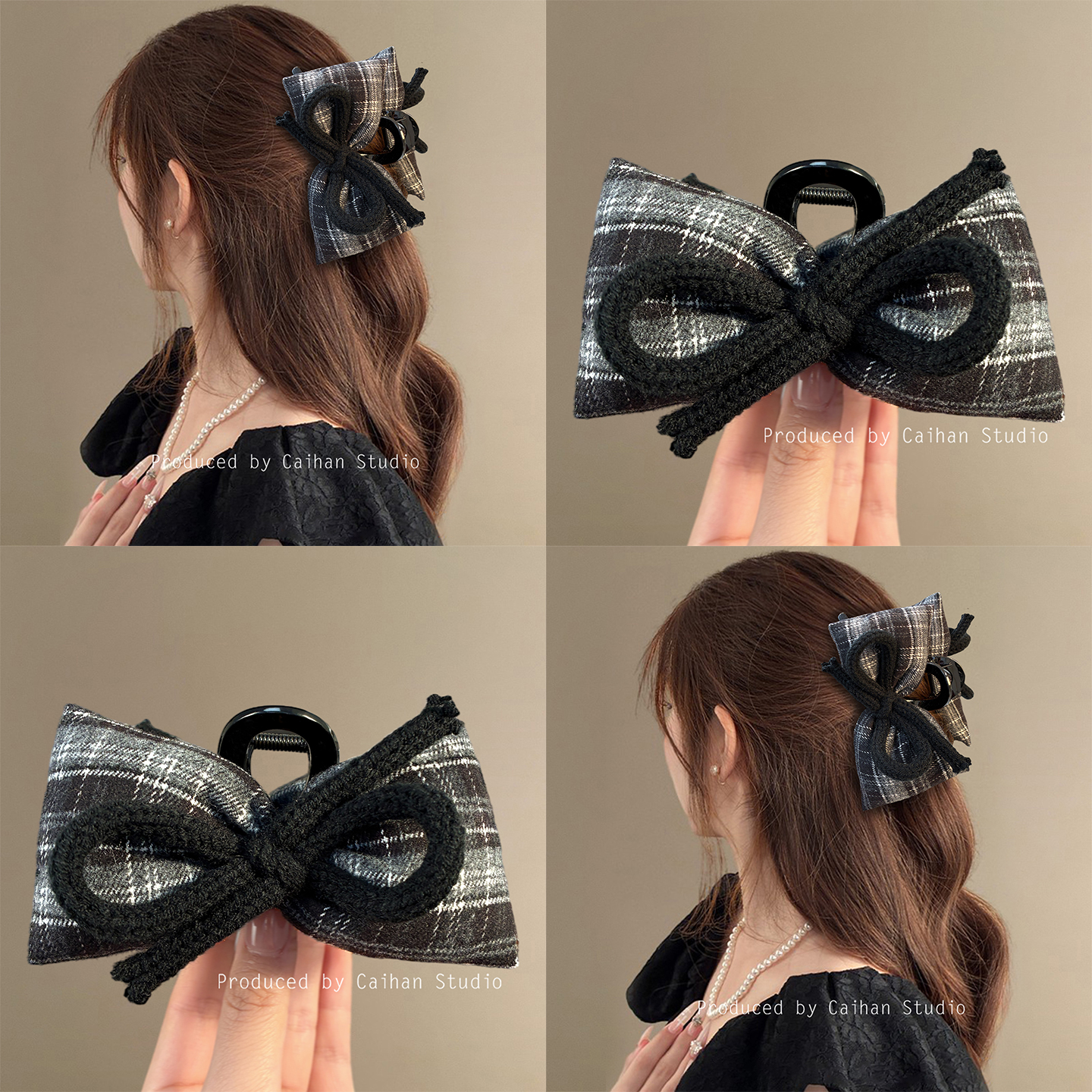 绘岛艺术馆~韩系格纹蝴蝶结抓夹女高级感甜酷风气质鲨鱼夹盘发器