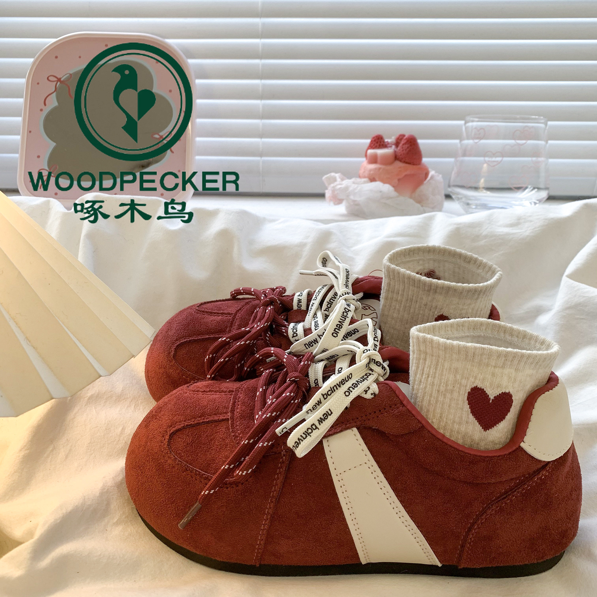 啄木鸟内增高红色德训鞋女款2025秋季新款百搭复古拼色运动阿甘鞋