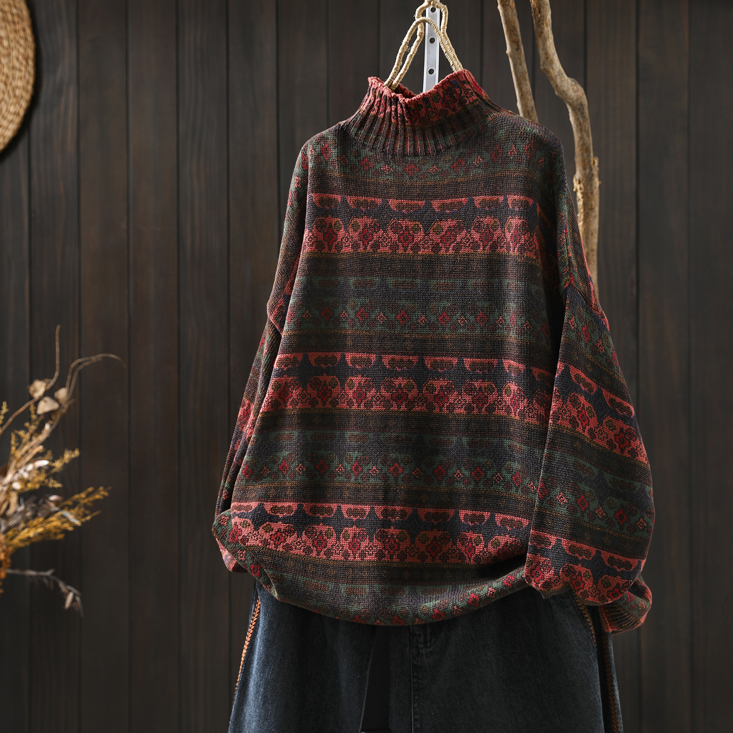 半高领毛衣女款2025秋冬新款民族风印花复古胖mm宽松显瘦针织上衣