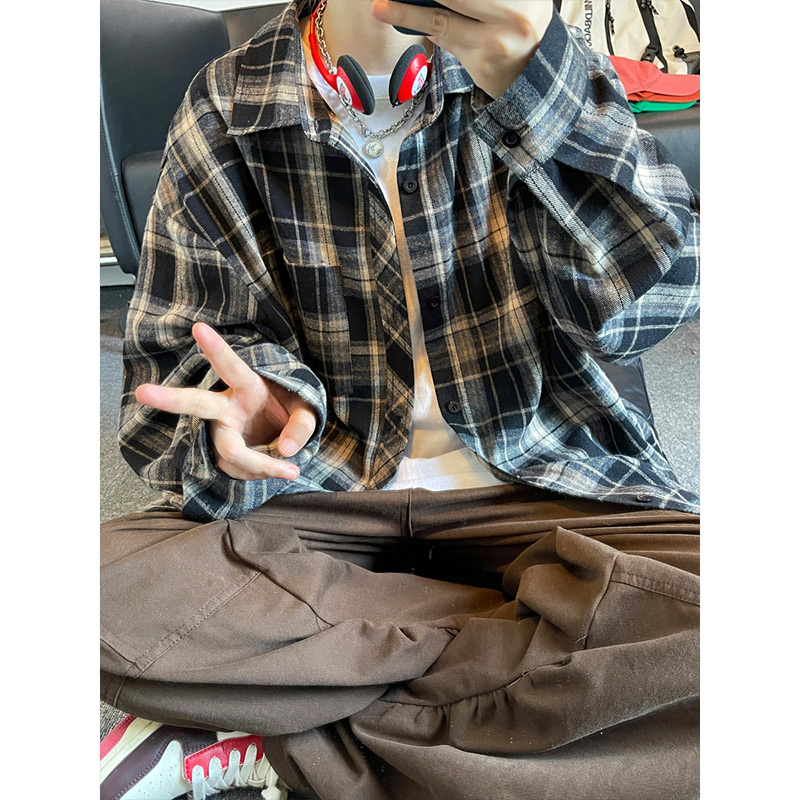 韩版美式休闲格子衬衫男士长袖春季宽松高级寸衫夹克衬衣外套秋季