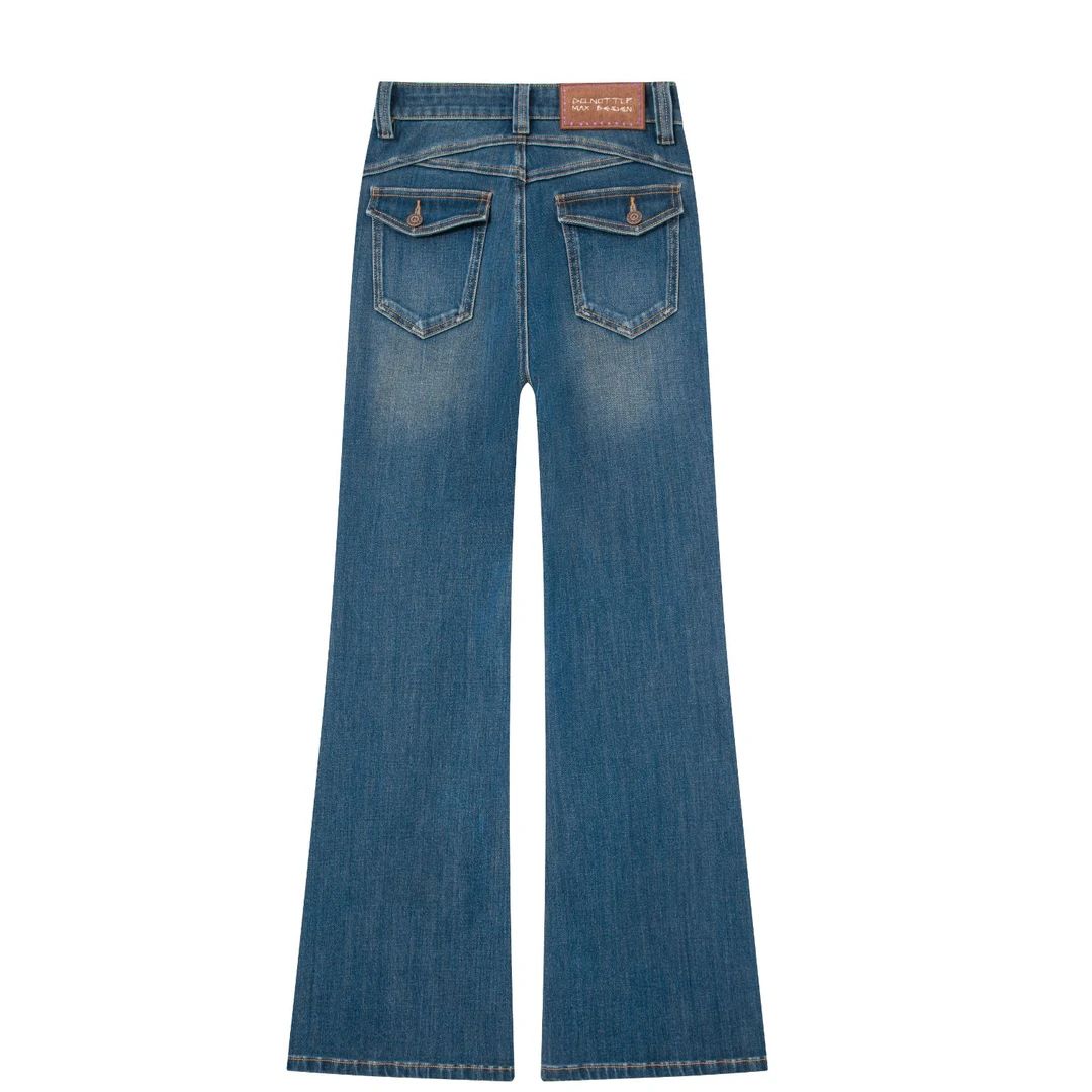 新款筒喇裤绿色系复古设计感高腰牛仔裤女时尚宽松百搭蓝色喇叭裤