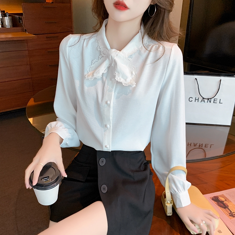 甜美领结雪纺衬衫女春秋季2025新款设计感小众法式温柔长袖上衣服