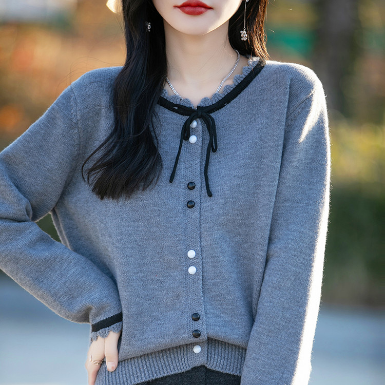 100%纯羊毛衫上衣春秋款时尚系带领开衫韩版百搭打底毛衣外套女款