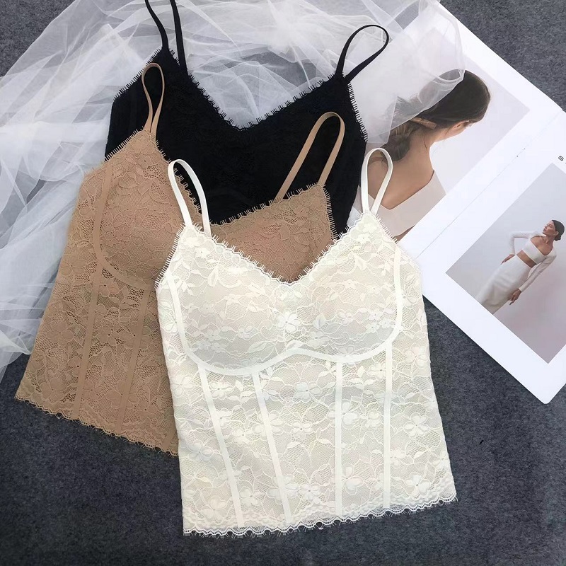 复古法式蕾丝睫毛吊带背心女2025早秋新款带胸垫修身内搭打底上衣
