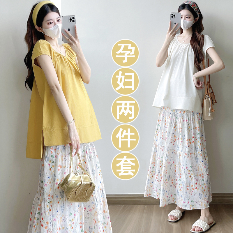 孕妇连衣裙套装夏季2025新款时尚黄色短袖休闲上衣半身裙两件套女