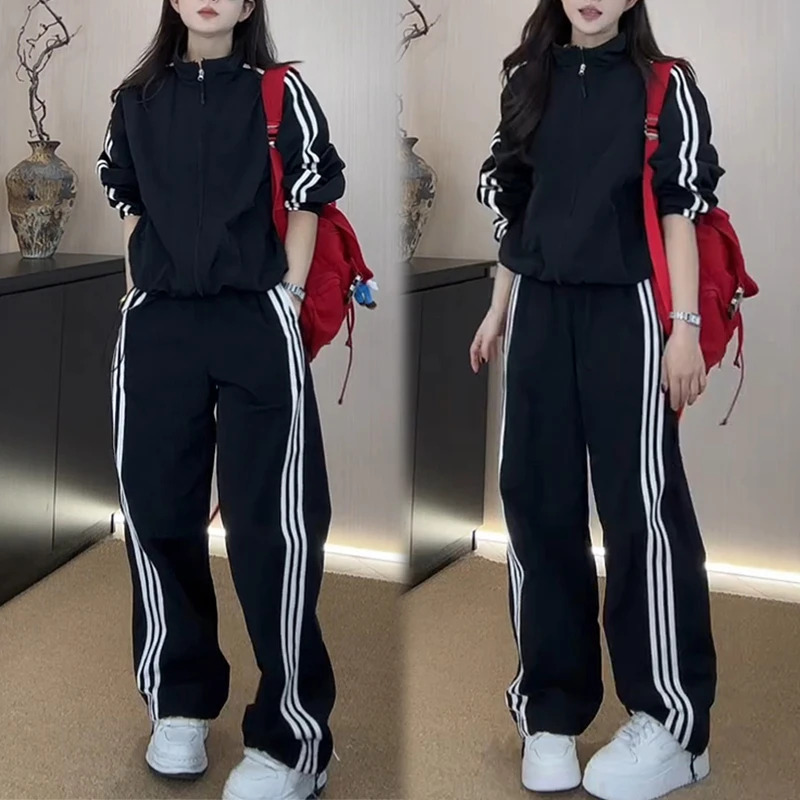 时尚运动套装女2025年春秋新款韩版宽松立领卫衣三条杠裤子两件套