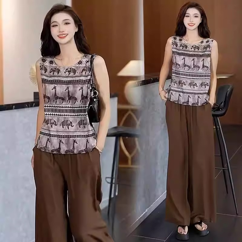 时尚套装女2025夏季新款洋气显瘦无袖复古印花衬衫阔腿裤两件套潮