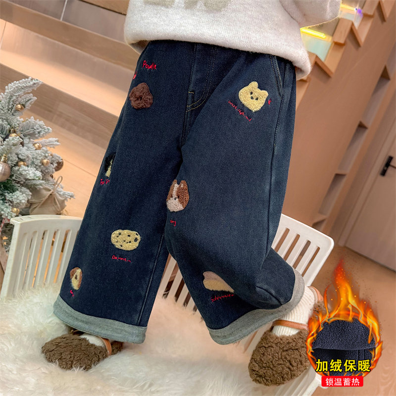 儿童加绒休闲裤直筒裤百搭冬季牛仔裤2025秋季长裤