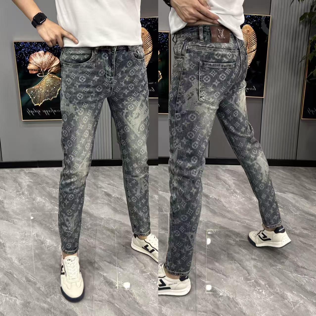 牛仔裤男秋季新款长裤男时尚印花小脚牛仔裤时尚满印男士长裤修身