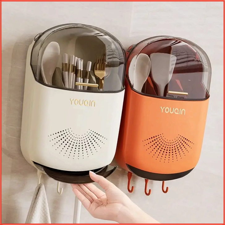 带盖筷子收纳盒防尘厨房筷子筒置物架CBT9墙上壁挂式沥水勺【萌乐】