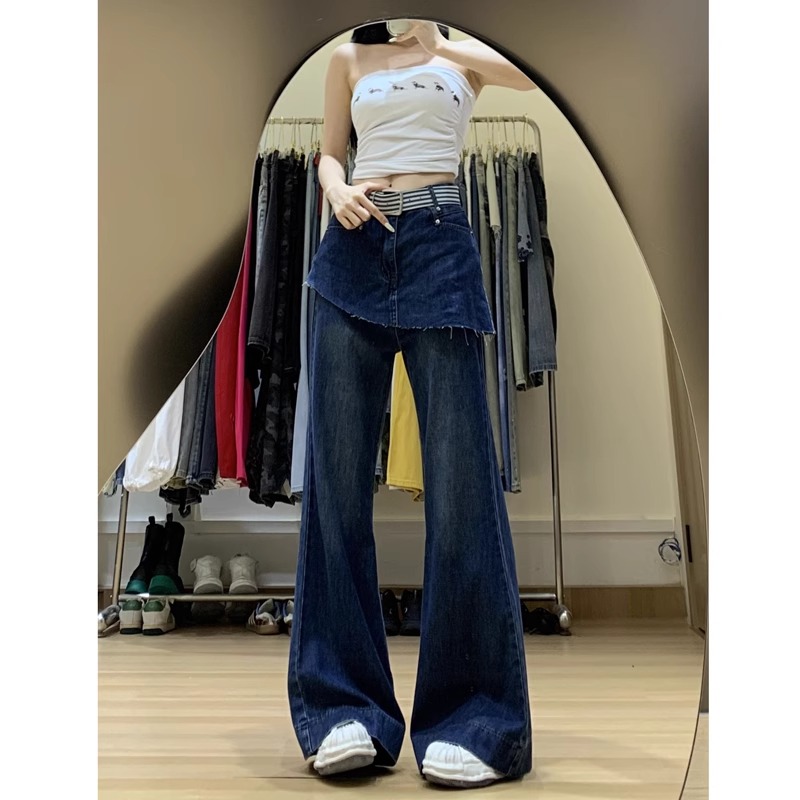 美式假两件牛仔裙裤女2025秋季新款垂感显瘦微喇裤直筒拖地长裤子