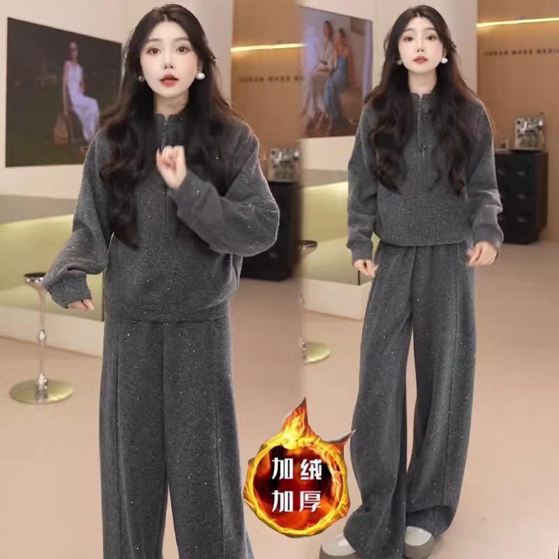 加绒加厚休闲套装女2025秋冬新款时髦半拉链连帽卫衣运动裤两件套