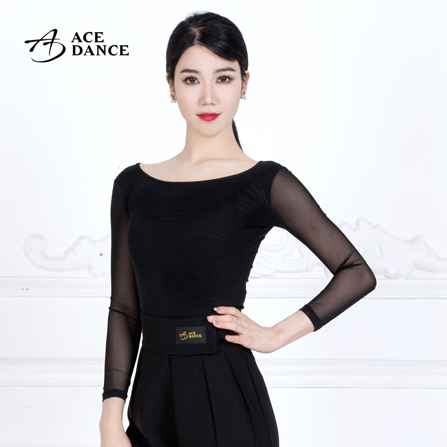 ACE dance拉丁舞女成人舞服锦纶网纱拼接长袖短袖上衣摩登练功服