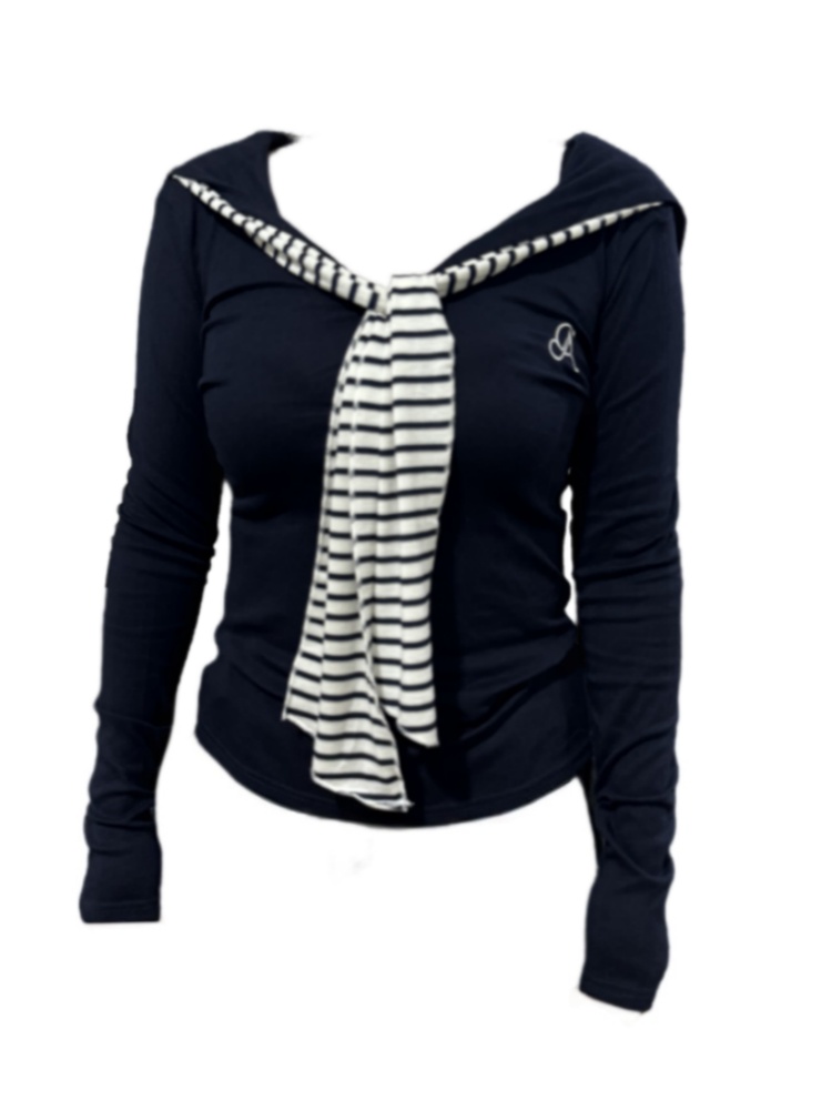 【Amy家】微胖mm学院风海军领长袖T恤女秋季设计感条纹拼接显瘦上衣