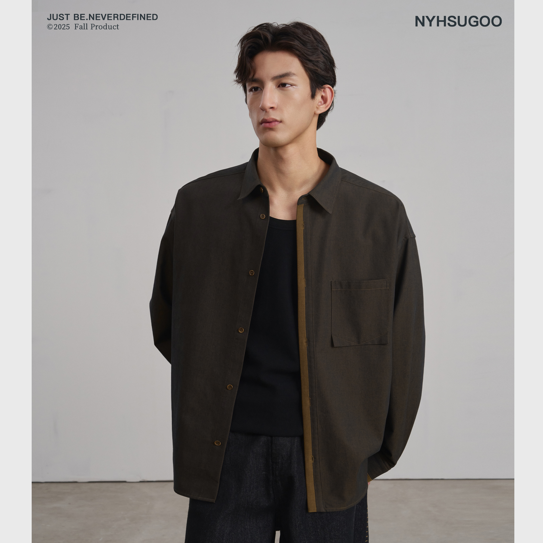 NYHSUGOO/南乙秋季定制双色纱长袖衬衫男士棉感3822茶棕色外套