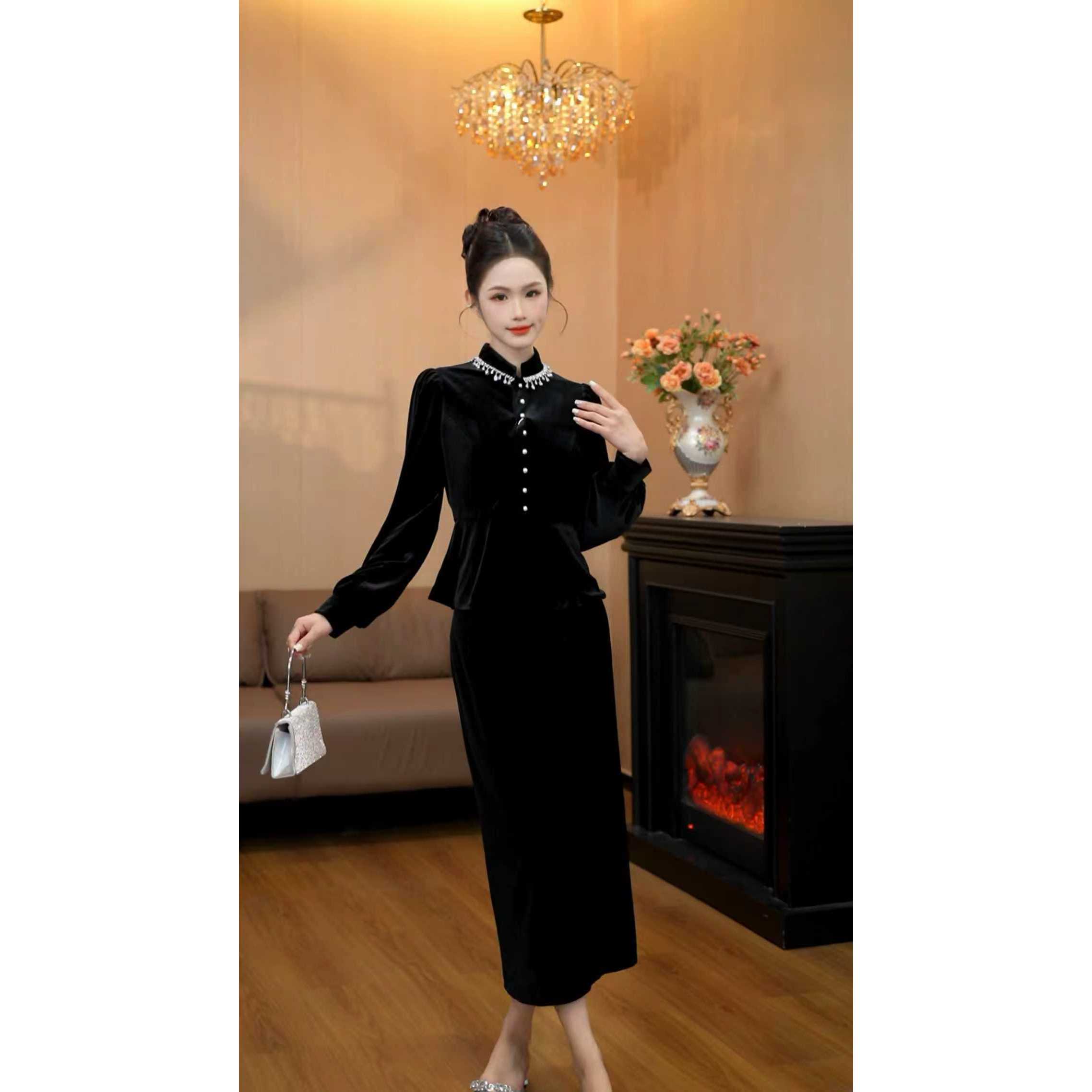 6396【兰亭曦月】法式气质名媛搭配重工钉珠丝绒两件套装裙子