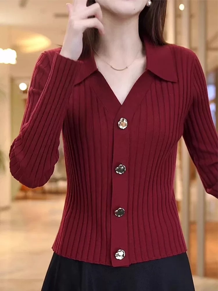 翻领减龄毛衣时尚女士安可拉红色修身条纹秋冬长袖针织衫开衫985